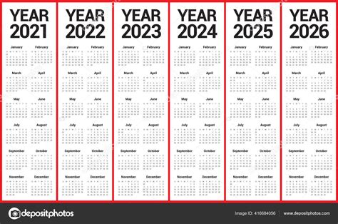 Year 2021 2022 2023 2024 2025 2026 Calendar Vector Design Stock Vector By ©dolphfynlow 416684056