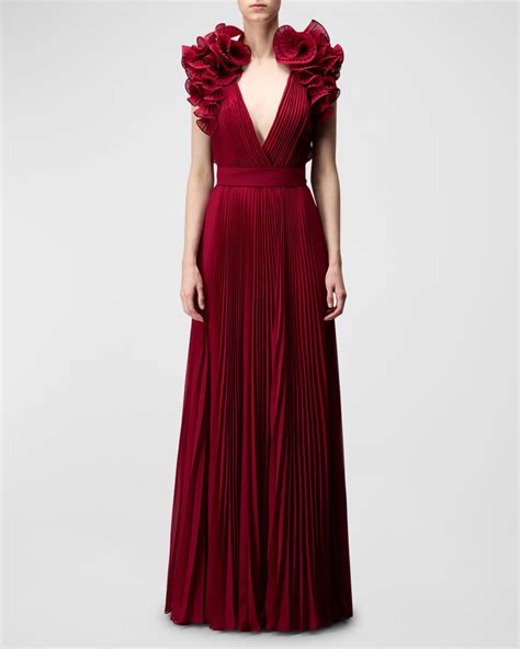 Elie Saab Pleated Georgette Gown With Ruffle Detail Neiman Marcus