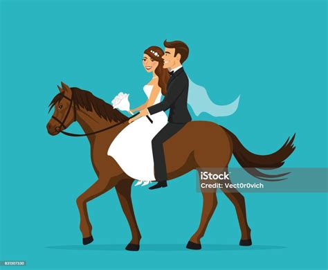 Newlyweds Bride And Groom Riding Horse On Wedding Day Stock