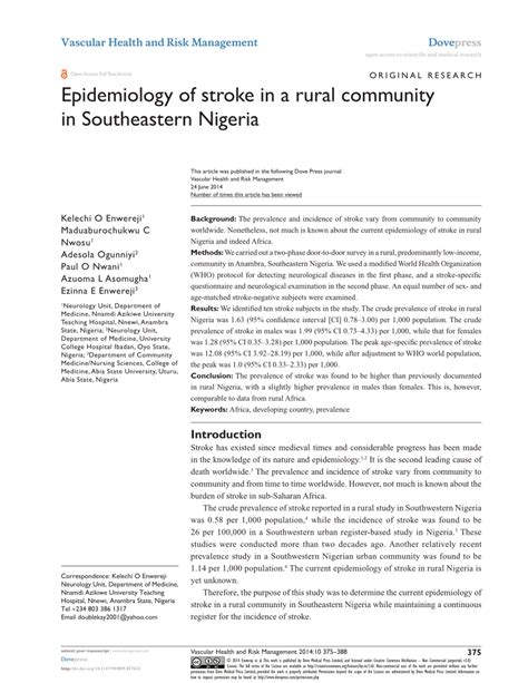 Pdf Epidemiology Of Stroke In A Rural Community In Southeastern Nigeria