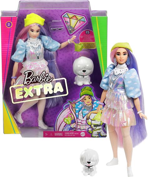 Barbie Extra Doll 2 In Shimmery Look With Pet Puppy Pink And Purple