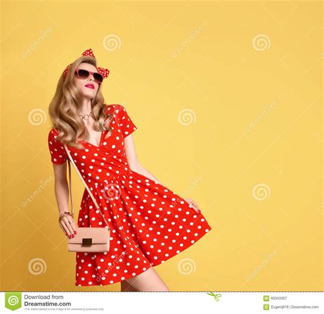 fashion blond girl in red polka dots dress outfit stock image image of beauty confident