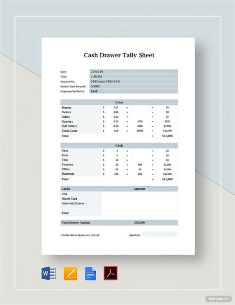Cash Drawer Tally Sheet Template In Ms Word Numbers Pages Ms Excel