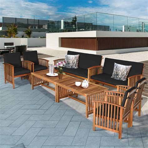 Gymax 8PCS Wooden Patio Conversation Set Outdoor Furniture Set w ...