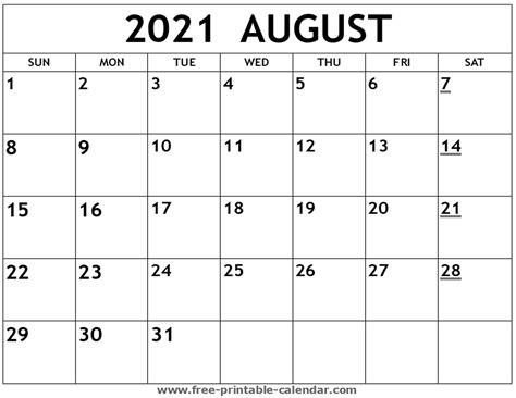 2021 August Calendar Print Out Best Calendar Example