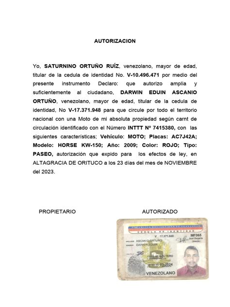 Autorizacion Moto Saturnino Ruiz A Darwin Eduin Ascanio Pdf