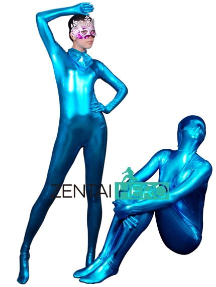 Free Shipping Blue Fashion Sexy Woman Party Costume Shiny Full Bodysuit Metallic Zentai Events