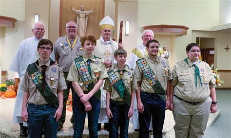 Bishop Awards Five Boy Scouts The Ad Altare Dei Religious Emblem Award