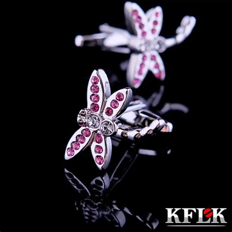 Kflk Luxury Shirt Cufflink For Women Brand Cuff Buttons Pink Crystal Dragonfly Cuff Link High
