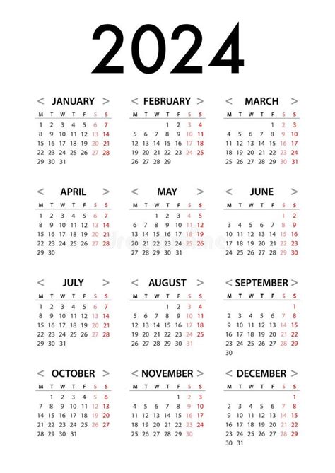 Calendar For 2024 Week Starts Monday Simple Vector Graphic Stock