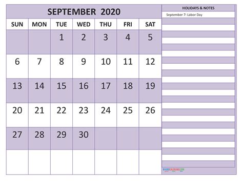 Free Printable September 2020 Calendar With Holidays