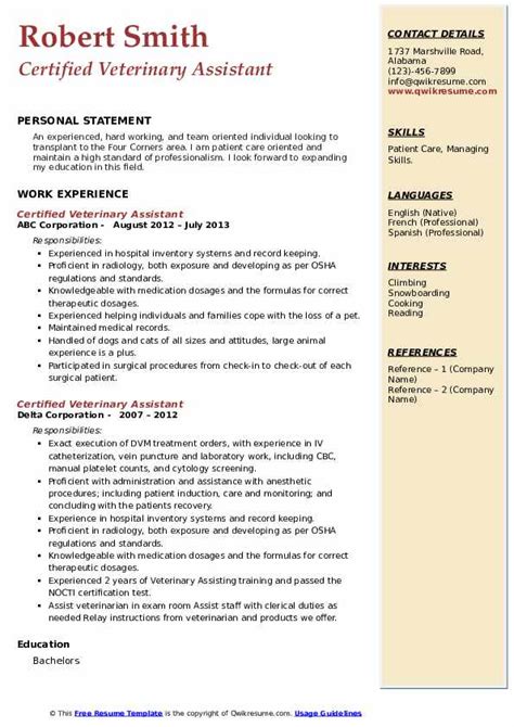 Certified Veterinary Assistant Resume Samples QwikResume