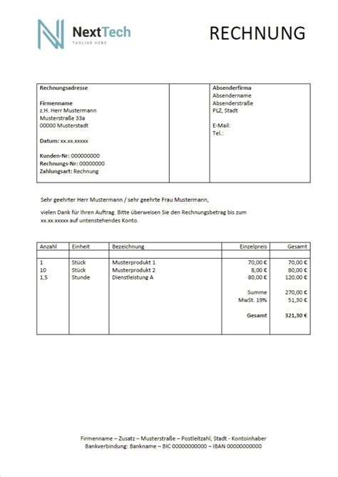 Rechnungsvorlage Word Excel Und Pdf Musterrechnung Kostenlos