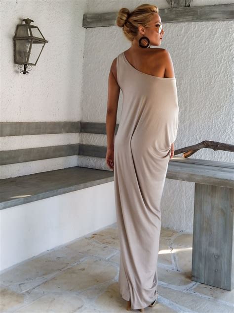 Viscose Maxi Dress Beige Kaftan Asymmetric Plus Size