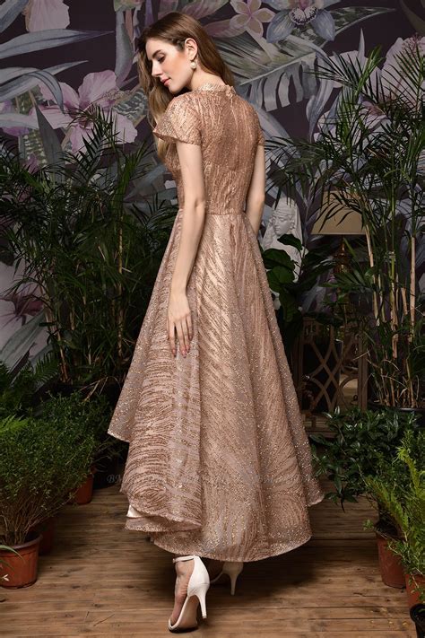 Bmbridal Glamorous Rose Gold Sequins Prom Dress Short Sleeve Evening Gowns Online Bmbridal