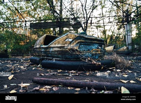 Abandoned Amusement Car Ride In Ghost City Of Pripyat In Chernobyl