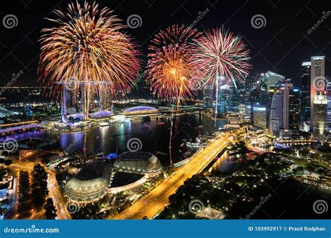 Aerial View Of Fireworks Celebration Over Marina Bay In Singapore New