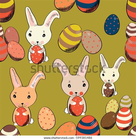Cute Easter Bunny Colored Eggs Vintage Stock Vector Royalty Free