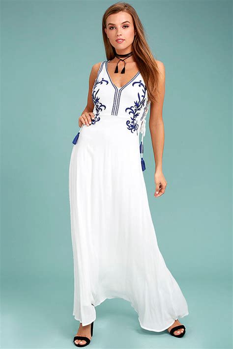 Boho White Maxi Dress Embroidered Maxi Dress Lace Up Maxi Dress