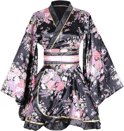 Womens Kimono Costume Adult Japanese Geisha Yukata Sweet Floral Patten Gown Blossom Satin