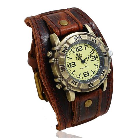 relogio masculi retro big wide genuine leather strap watch men punk quartz cuff watch