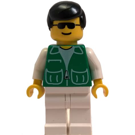 Lego Man With Green Vest With Zipper And Pockets White Shirt White
