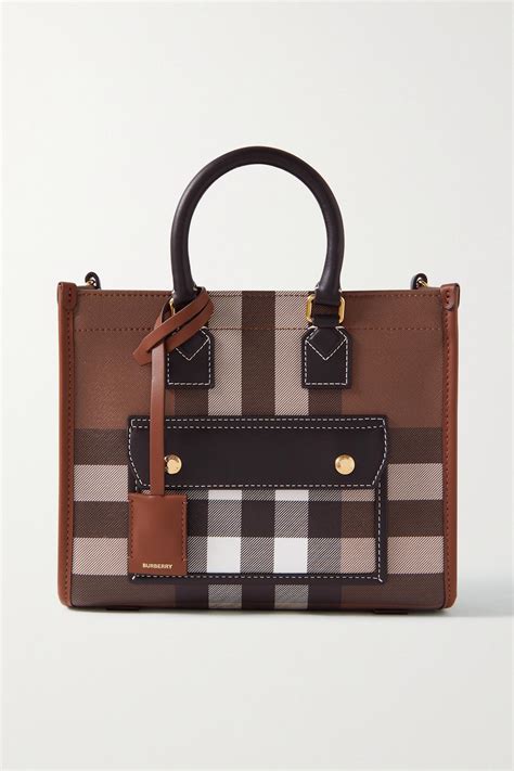 Burberry Mini Leather Trimmed Checked Coated Canvas Tote In Brown Lyst