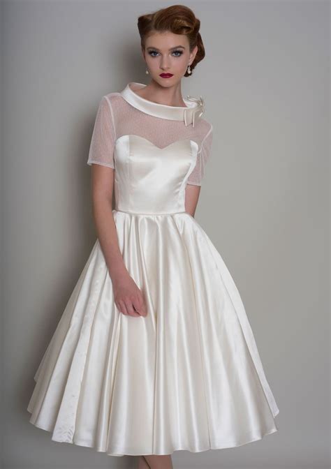 Lb139 Hattie Vintage Inspired Tea Length Satin Dress With Spotted Tulle Illusion Neckline A