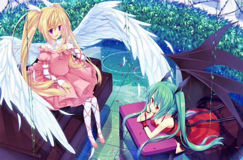 Wallpaper Illustration Anime Water Wings Angel Feathers Demon Clothing Color Plant