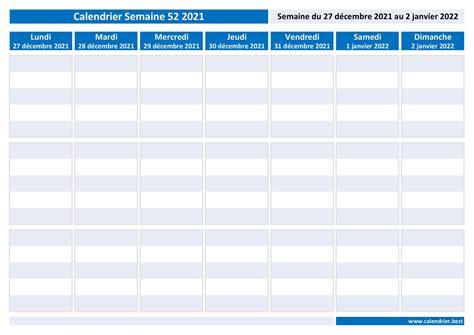 Semaine 52 2021 Dates Calendrier Et Planning Hebdomadaire à Imprimer