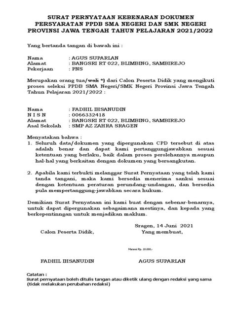 Contoh Surat Pernyataan Kebenaran Dokumen Ppdb Surat