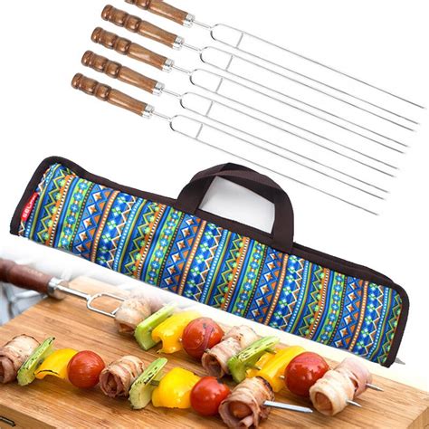 5pcsset Stainless Steel Barbecue Forks U Shaped Wooden Handle Bbq