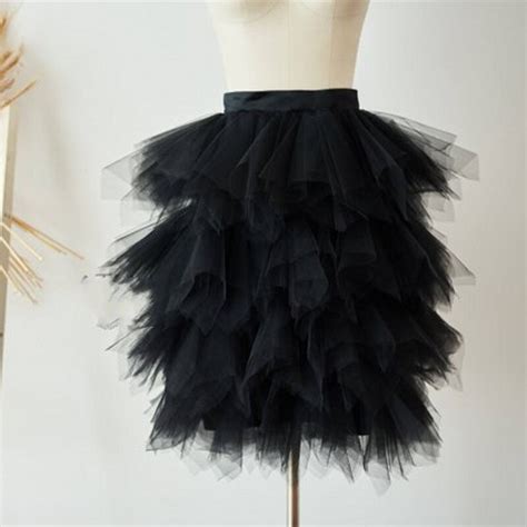 Black Ruffles Tiered Midi Tulle Skirts Women 2019 Knee Length Tulle