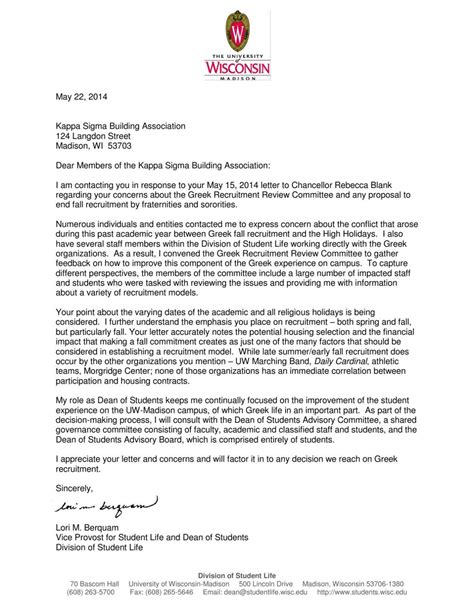 Letter To Kappa Sigma Fraternity By Uw Madison Dean Of Students Lori