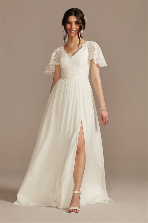 Lace Chiffon Flutter Sleeve A Line Wedding Dress David S Bridal