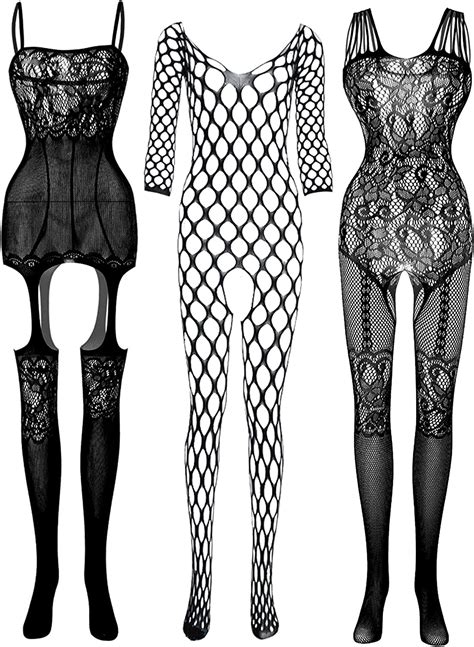 Elefis 3 Piece Set Fishnet Bodysuit Sexy Lingerie For Women With Lace