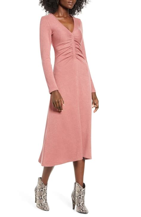 all in favour cinch front long sleeve midi sweater dress the best sweater dresses to keep you