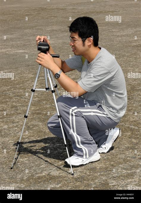Man Asian Young Camera Tripod Stock Photo Alamy