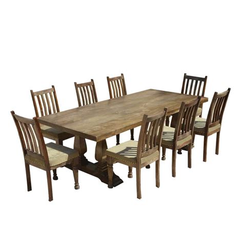 Chairus brings an intricate design with delicately carved legs and a pretty upholstered seat. Farmhouse Solid Wood Trestle Rustic Dining Table & Upholstered Chairs
