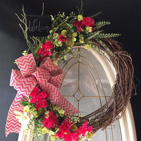 Grapevine Wreath With Hot Pink Burlap Chevron Bow Front Door