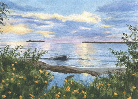 Lake Huron Painting Sunset Painting Watercolor Lake Sunset Print Framed