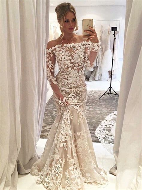 mermaid off the shoulder long sleeves ivory tulle wedding dress with appliques long sleeve