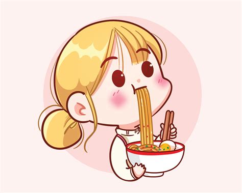 Cute Girl Eating Noodle Logo Banner Hand Drawn Cartoon Art Illustration 6895589 Vector Art At