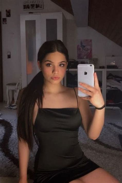 Cute Girl Bedroom Mirror Selfie Black Silk Dress Stylish Day Outfit