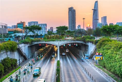 Busy Traffic In Thu Thiem Tunnel Exit In Late Sunset Afternoon