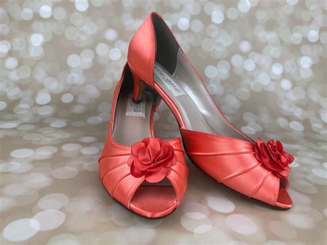 Coral Wedding Shoes Wedding Shoes Peeptoes Kitten Heel Low Etsy