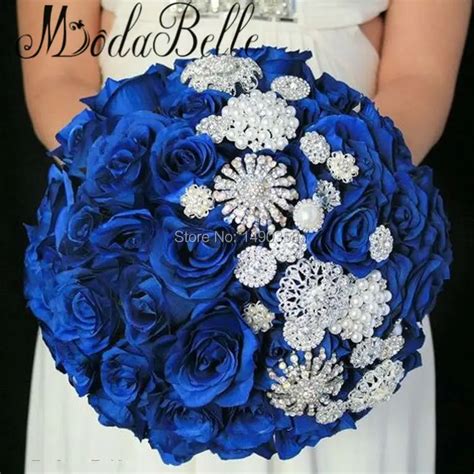 Royal Blue Flowers Beaded Wedding Bouquet Pearls Bling Bridal Brooch