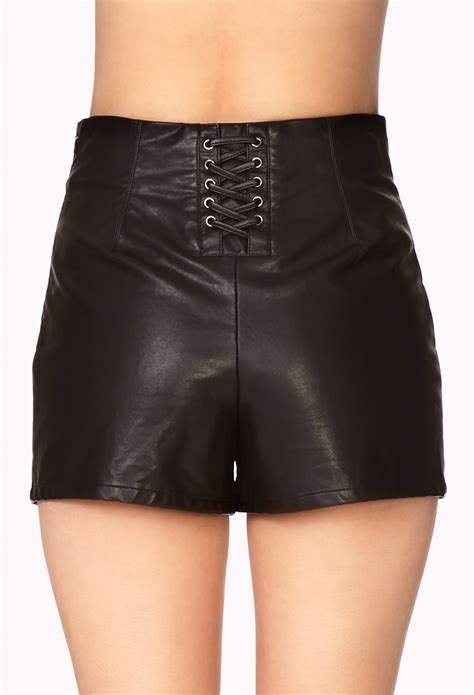 Forever 21 High Waisted Faux Leather Shorts In Black Lyst
