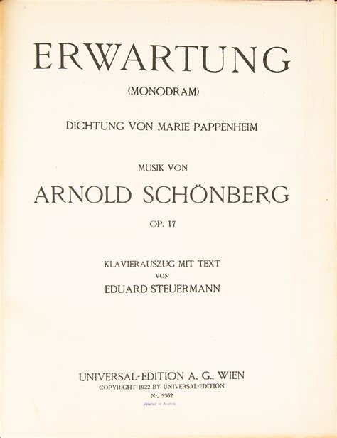 Op 17 Erwartung Piano Vocal Score Arnold Schoenberg