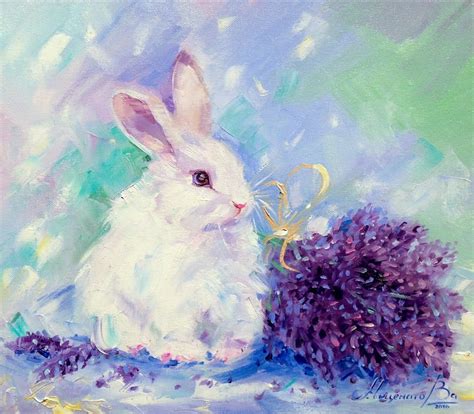 Bunny Painting Rabbit Painting Lavender Plant Lavender Etsy